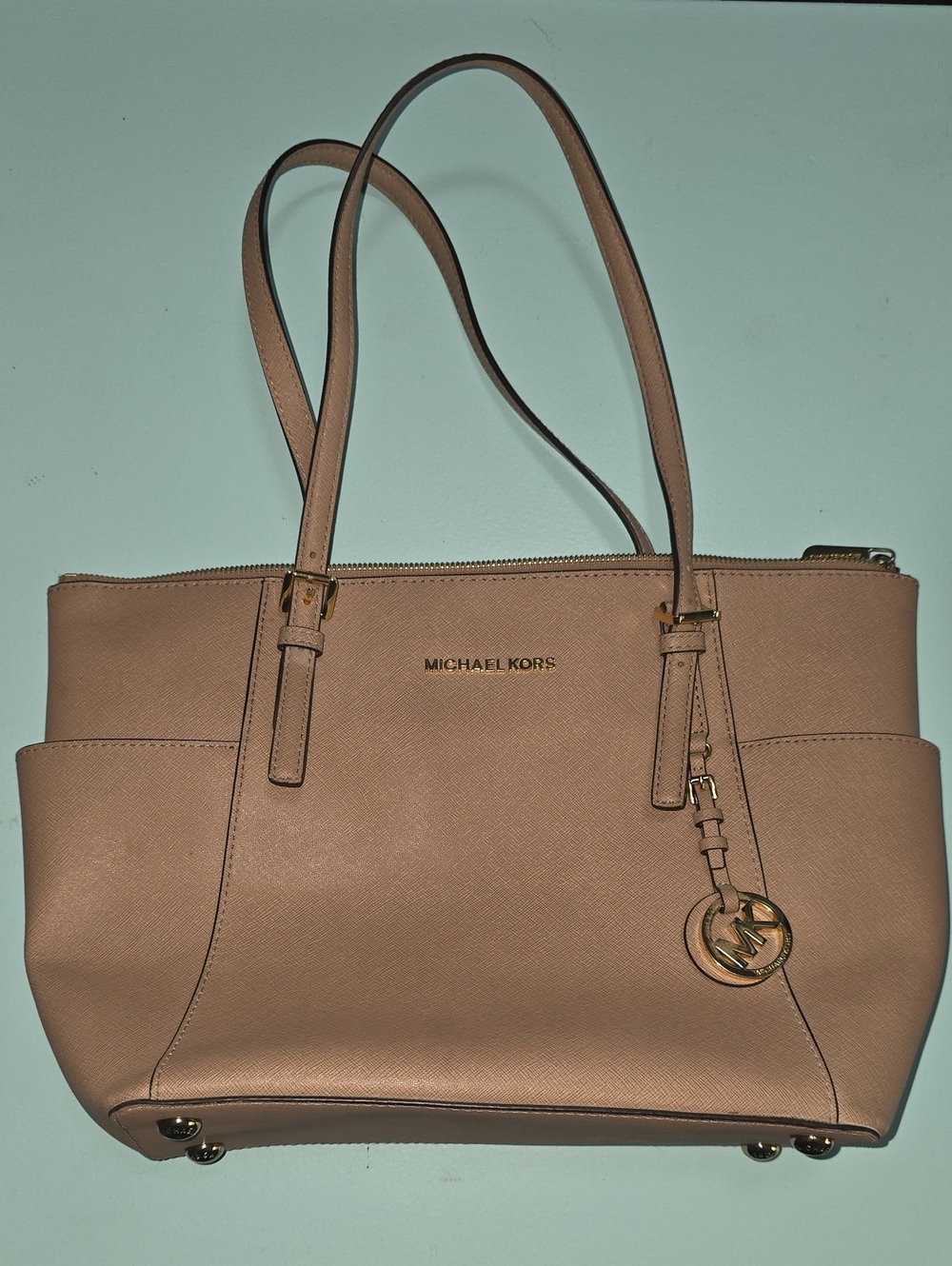 Michael Kors Pink-Beige Saffiano Leather Tote with Logo Charm